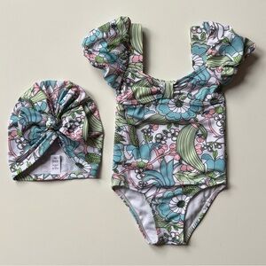 Janie & Jack Girls Recycled Floral Bubble Sleeve Swimsuit & Turban Set - Size 2T